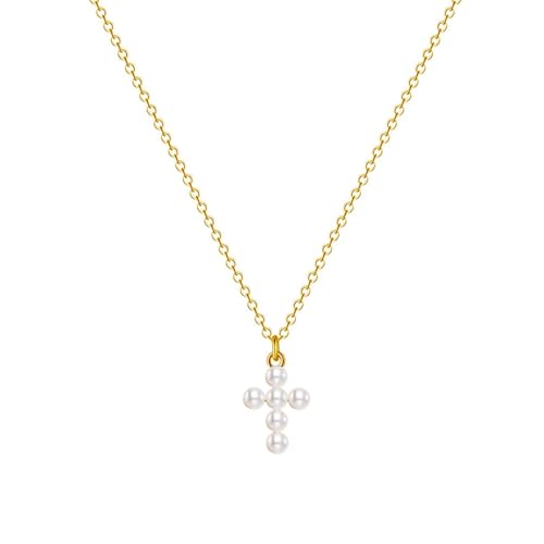 Zeffy Cross Necklace for Women,18K Gold/Silver Plated Tiny Cubic Zirconia Cross Pendant Necklace for Women Simple Layered Cross Necklaces for Women - color: Gold Pearl Cross