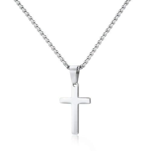 M MOOHAM Cross Necklace for Men, Stainless Steel Cross Chain - color: Silver: Cross Pendant 0.8"*0.4"