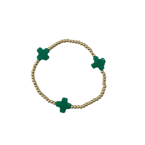Colorful Cross Charm Bracelets for Women Men Adjustable Gold Plated Beaded Bracelet Boho Bead Ball Stretch Bracelet Birthday Summer Beach Jewelry - color: Green