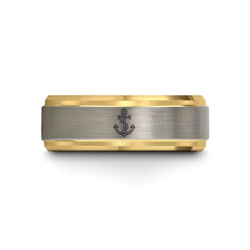 Gift for Nautical Fan - Anchor With Rope Ring - Men Women - Tungsten - Flat Dome Bevel - Band - Yellow Gold Black Silver Blue - Anniversary Wedding - 8mm - Brushed Polished - Personalized Custom Engra - color: 09 - Yellow Gold Blue Grey Tungsten