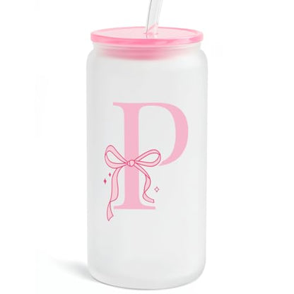 SANDJEST Monogrammed Glass Drinking Can Cup with Acrylic Lid and Straw, Personalized Frosted Iced Coffee Tumbler 16oz, Monogram Initial Gifts for Women Girls on Birthday (P) - color: P