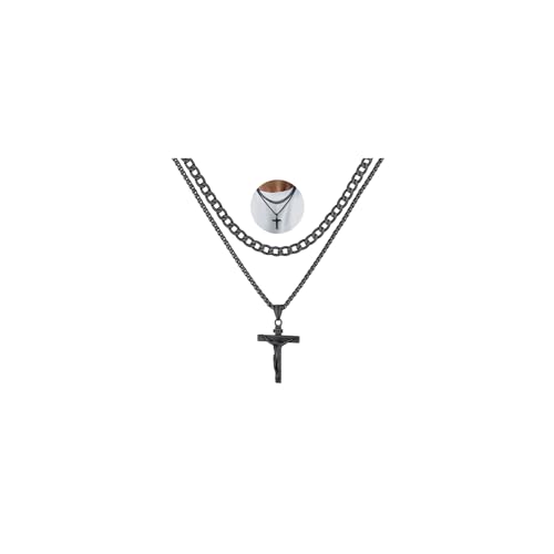 FaithHeart Cross Necklace for Men, Silver/Black/Gold Crucifix Necklace Stainless Steel Pendant with Cuban Chain Jesus Cross Necklaces Religious Gifts for Men - color: 02. INRI Cross-Black, size: Chain Length 18in/20in