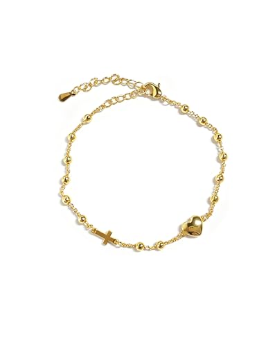 Gold-Tone Cross Link Bracelet with Sports & Heart Charms - Basketball Football Bracelet for Women, Faith-Inspired Christian Gifts for Women (Adjustable Chain) - color: Golden Heart
