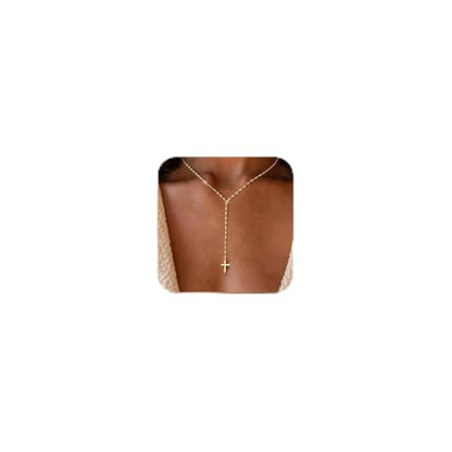 925 Sterling Silver Dainty Cross Lariat Necklace for Women - color: Gold