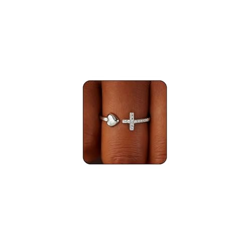 Sora Tuki Gold Cross Rings for Women Silver Adjustable Rings for Women Cubic Zirconia Heart Cross Purity Ring Dainty Stackable Ring for Women Christian Religious Jewelry - color: Silver, style: Cross Heart