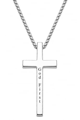 Engraved Cross Necklace for Men, Women & Boys & Girls Cross Necklace, Stainless Steel Cross Pendant Necklace, Faith & Inspiration Christian Jewelry Gift - color: God First