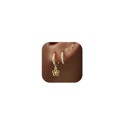 14K Gold Planted Seashell Starfish Stud dangle Earrings for Women, Summer Beach Hoop Earrings for Multiple Piercing Cartilage, Dainty Trendy Dangling Earring 3 Pairs Set Vacation Ocean Outfits Accessories Jewelry - color: Flower-Gold