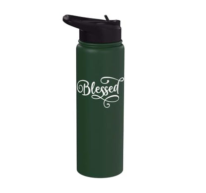 Blessed White Fancy Script Christian Religious God Jesus Stainless Steel Insulated Water Bottle - color: Dark Green