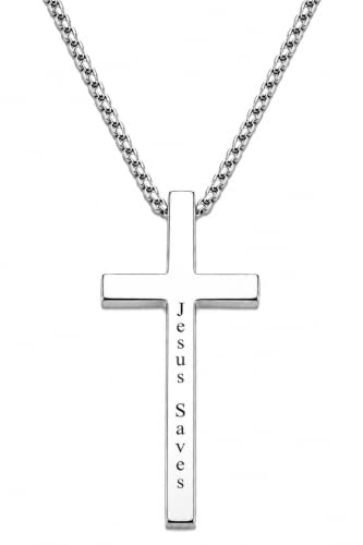 Engraved Cross Necklace for Men, Women & Boys & Girls Cross Necklace, Stainless Steel Cross Pendant Necklace, Faith & Inspiration Christian Jewelry Gift - color: Jesus Saves