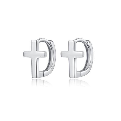 Reffeer Solid 925 Sterling Silver Cross Hoop Earrings for Women Teen Girls Small Cross Huggie Earrings Cartilage Helix - color: A-Silver