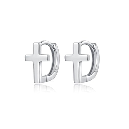 Reffeer Solid 925 Sterling Silver Cross Hoop Earrings for Women Teen Girls Small Cross Huggie Earrings Cartilage Helix - color: A-Silver