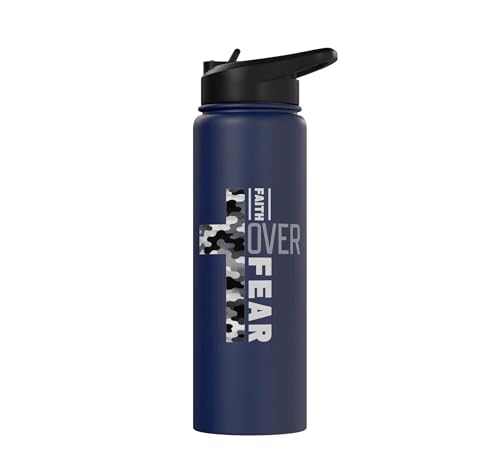 Faith Over Fear Christian Camo Cross Religious Bible Verse Stainless Steel Insulated Water Bottle - color: Navy Blue