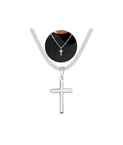 Avotto 316L Stainless Steel Cross Necklace Jewelry Gifts for Men Boys, Silver Gold Black Necklaces 5mm Non-Fading Sturdy Cuban Chain with Cross Pendant 14/16/18/20/22/24Inch - color: Silver, size: 22 inch(55cm)-Long Fit