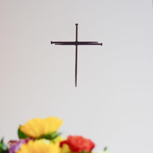 Rustic Metal Nail Cross Art - Christian Home Decor for Office, or Prayer Room - Religious Iron Crucifix with Three Nails Sculpture Baptism Gift - Minimalist Hanging Accent - Metal Wall Art 12” Black
