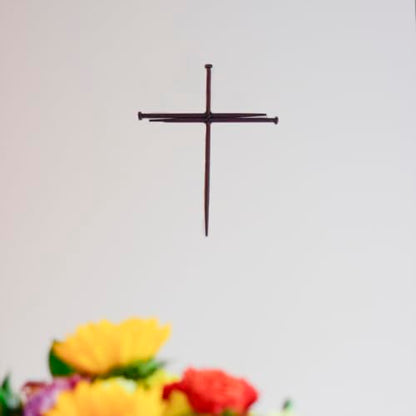 Rustic Metal Nail Cross Art - Christian Home Decor for Office, or Prayer Room - Religious Iron Crucifix with Three Nails Sculpture Baptism Gift - Minimalist Hanging Accent - Metal Wall Art 12” Black