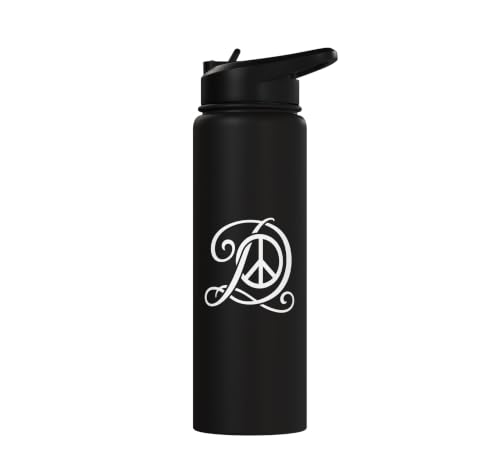 fancy Italic script Initial Letter D minimalist peace sign Stainless Steel Insulated Water Bottle - color: Black