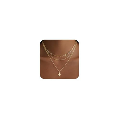 Layered Gold Necklace for Women, 14K Gold Plated Necklace Stack Set, Dainty Pendant Necklace Non Tarnish, Fashion Bow CZ Circle Star Hammered Cross Jewelry Gift for Women - color: Gold-02