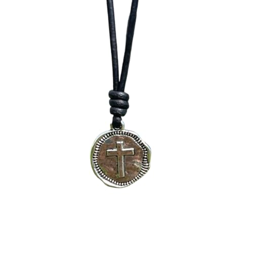 Cross Necklace Mens - Men Cross Coin, Religious Pendant, Medallion Necklaces, Christmas Gift, Catholic Pendant, Christian Charms, Women Gifts to Husband, Cute Crosses - color: Silver, style: Black Leather