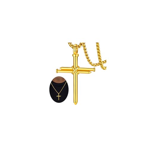 FaithHeart Stainless Steel Cross Necklace for Men, Silver/Black/Gold Cross Chains for Men Religious Amulet Necklaces Christian Gifts for Dad - style: Nail Cross-Gold