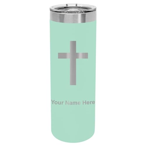 LaserGram Personalized 22oz Skinny Tumbler, Christian Cross (Teal) - color: Teal