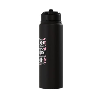 Philippians 4:13 Butterfly Inspirational Design Stainless Steel Insulated Water Bottle - color: Black