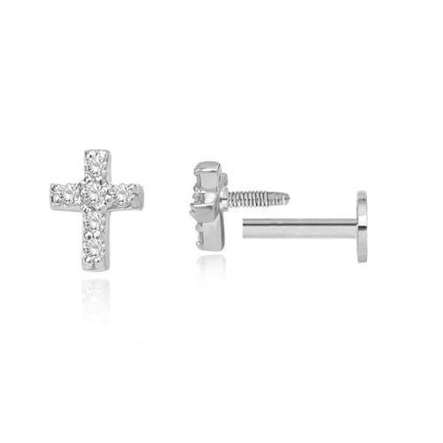 16g Tiny Cross Hypoallergenic 925 Sterling Silver Stud Earrings for Women With Flat Screw Back Small Cubic Zirconia Cartilage Pierced Earrings for Tragus Helix Conch Cartilage Jewelry Gifts - color: Silver