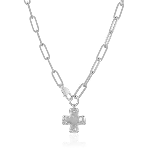 Chunky Cross Necklace for Women, 14K Gold Silver Pendant Necklace - color: White Gold-Lobster Clasp-0.8 inch pendant