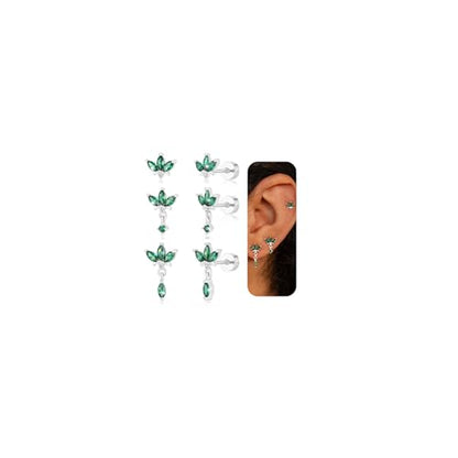 3 Pair Tiny Flat Back Earrings for Women - 14K Gold/White Gold Plated Dainty Cute Small Screw Flatback Stud Earring, Everyday Wear Gift - color: Silver-Green Marquise Flat 7/13/18mm