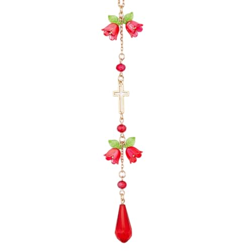 Cross Suncatcher Car Rearview Mirror Charm Red Lily of Valley - color: Red - Flower