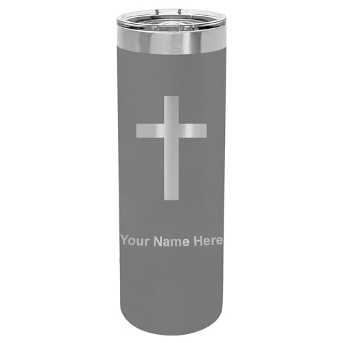 LaserGram Personalized 22oz Skinny Tumbler, Christian Cross (Gray) - color: Gray