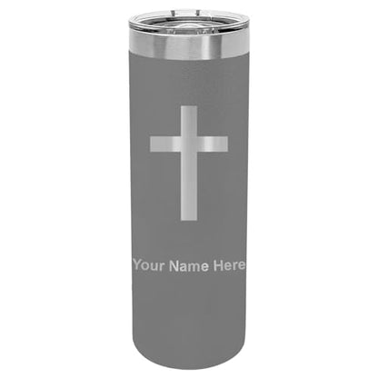 LaserGram Personalized 22oz Skinny Tumbler, Christian Cross (Gray) - color: Gray