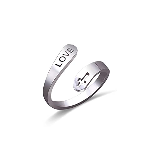 Caiyao Stainless Steel Christian Cross Engraved Love Faith Hope Blessed Ring Polished Opening Adjustable Letter Religious Ring for Women Men Birthday Jewelry Gift - color: B love