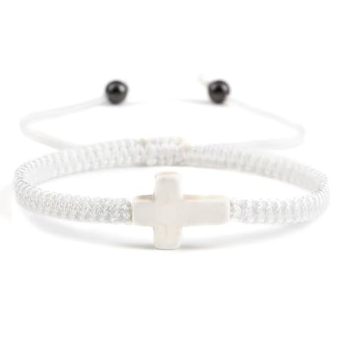 Colorful Cross Braided Handmade Woven Rope Prayer Protection Bracelet Inspirational Religious Christian Protection Bangle for Women Men Couple Friendship Jewelry - color: white