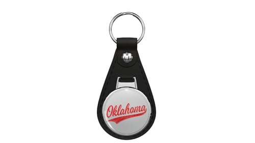 STATE OF OKLAHOMA BASEBALL SPORT SCRIPT CURSIVE DISTRESSED RED Black Leather Key Chain Keychain