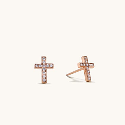 925 Sterling Silver Cubic Zirconia Petite Small Cross Stud Earrings Hypoallergenic For Women - color: Rose Gold