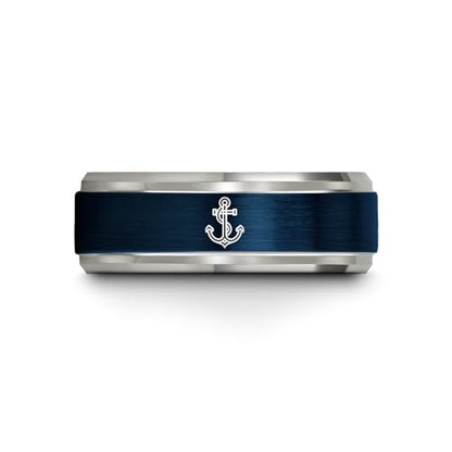 Gift for Nautical Fan - Anchor With Rope Ring - Men Women - Tungsten - Flat Dome Bevel - Band - Yellow Gold Black Silver Blue - Anniversary Wedding - 8mm - Brushed Polished - Personalized Custom Engra - color: 08 - Blue Grey Tungsten