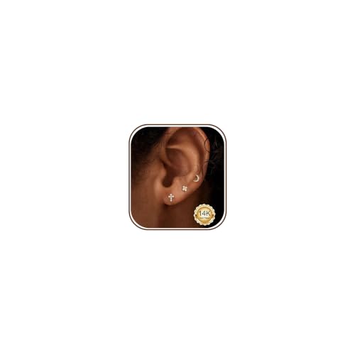 Flat Back Earrings - 14K Gold Plated Tiny CZ Butterfly Cross Moon Flat Back Stud Earrings Dainty Cartilage Earring Set Hypoallergenic Helix Earrings for Women Trendy Tragus Piercing Jewelry - color: Gold-Set4