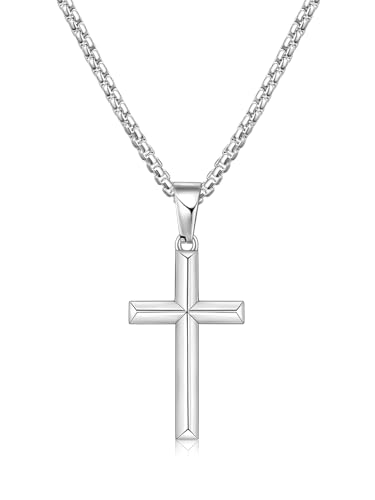 Fiusem Beveled Edge Cross Necklace for Men - size: 16 inches, style: Silver cross: 1.4"*0.8"