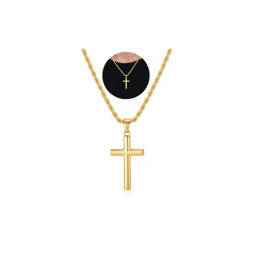925 Sterling Silver Cross Necklaces for Mens Women CZ Beveled Edge - color: Classic Medium gold cross