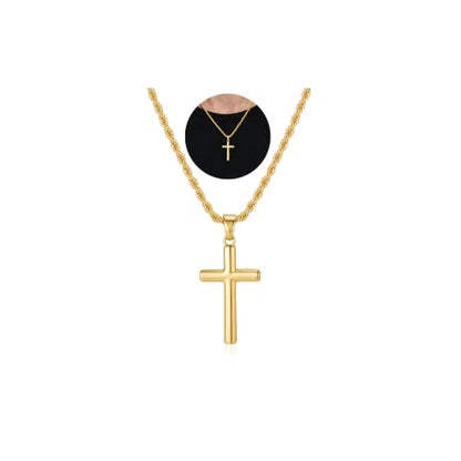 925 Sterling Silver Cross Necklaces for Mens Women CZ Beveled Edge - color: Classic Medium gold cross