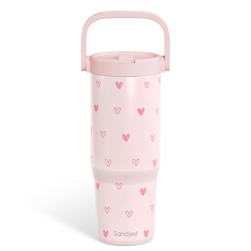 SANDJEST Heart Stainless Steel Straw Lid Tumbler 30oz with Carry Handle for Women Girls, Insulated Travel Coffee Cup, Gift for Sports Outdoor Workout Christmas Birthday - color: Heart
