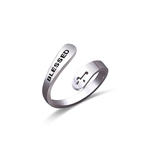 Caiyao Stainless Steel Christian Cross Engraved Love Faith Hope Blessed Ring Polished Opening Adjustable Letter Religious Ring for Women Men Birthday Jewelry Gift - color: A blessed