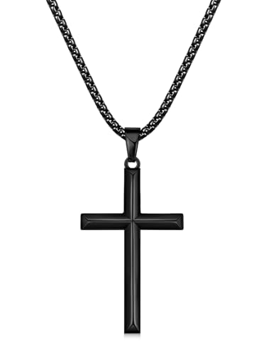 Fiusem Beveled Edge Cross Necklace for Men - size: 16 inches, style: Black cross: 1.6"*1.0"