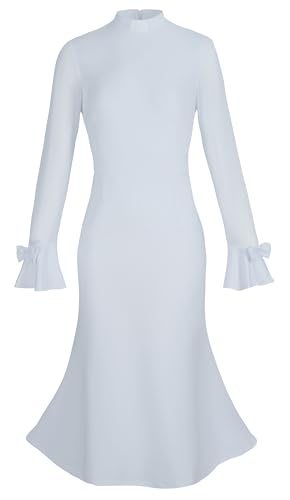 Trumpet Long Sleeve Mesh Church Dress Clergy Tab Insert Collar Priestess Dress - color: White, size: Large