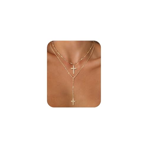 Sterling Silver 14K Gold Plated Dainty Layered Long Necklace for Women - color: Gold-Cross