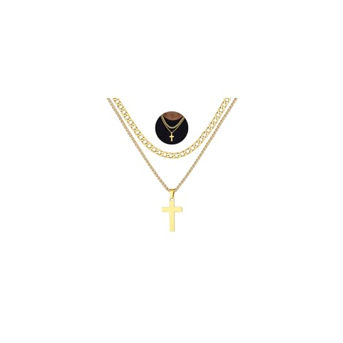 FaithHeart Cross Necklace for Men, Silver/Black/Gold Crucifix Necklace Stainless Steel Pendant with Cuban Chain Jesus Cross Necklaces Religious Gifts for Men - color: 01. Cross-Gold, size: Chain Length 20in/22in