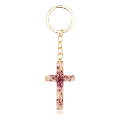 Flower Cross Keychains for Women Christian Gifts for Girls Daughter Religious Bag Charm Keyring Christian Keychain - color: Purple