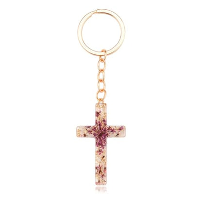 Flower Cross Keychains for Women Christian Gifts for Girls Daughter Religious Bag Charm Keyring Christian Keychain - color: Purple