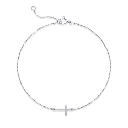 LUCA SMITH 925 Sterling Silver Cross Bracelet for Women Adjustable Stackable Dainty 14K Gold/Silver Cute Tiny Symbolic Cross Pendant Charm Link Chain Faith-Based Jewelry - color: silver