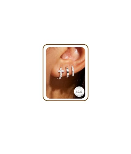 3Pairs Gold Cross Earrings for Women Hoops Huggie Earrings Stack Set - color: Silver-2